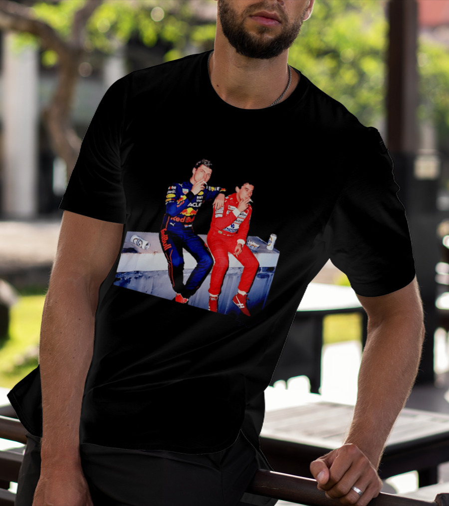 Max Verstappen Red Bull Racing And Ayrton Senna Honda Marlboro F1 Legends Smoking Together T-Shirt