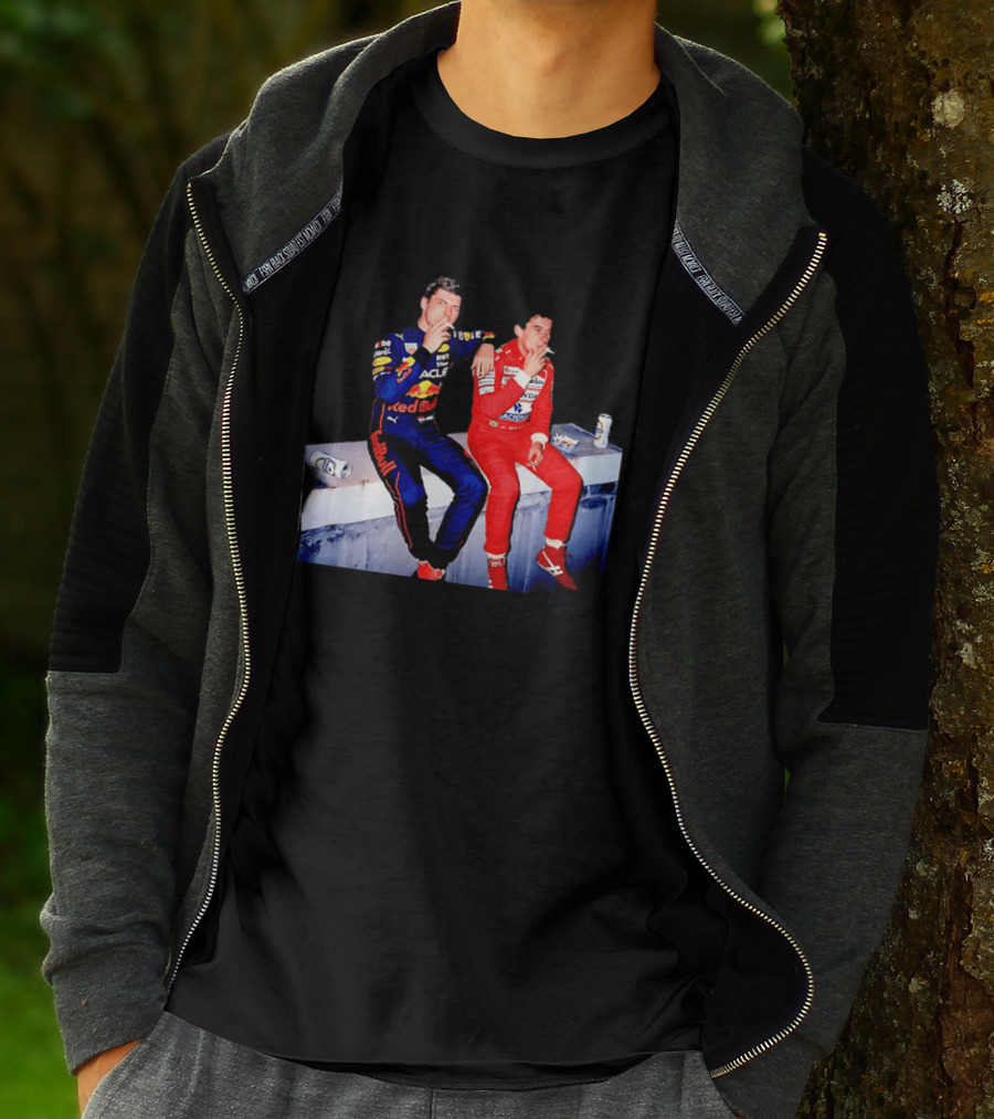 Max Verstappen Red Bull Racing And Ayrton Senna Honda Marlboro F1 Legends Smoking Together T-Shirt