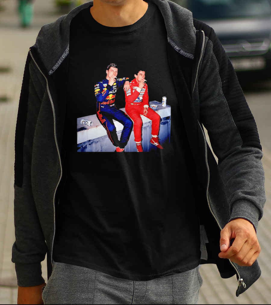 Max Verstappen Red Bull Racing And Ayrton Senna Honda Marlboro F1 Legends Smoking Together T-Shirt
