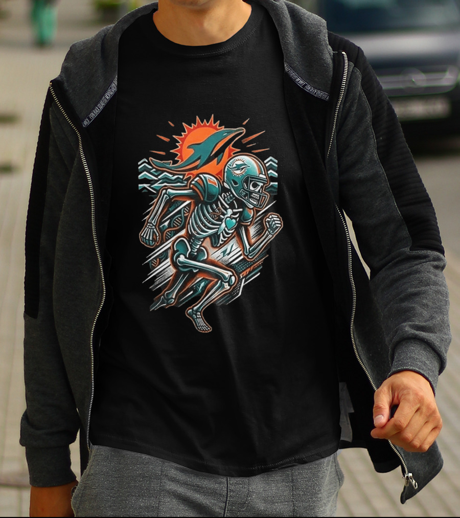 Miami Dolphins Runs In My Blood Skeleton Football Sprint T-Shirt
