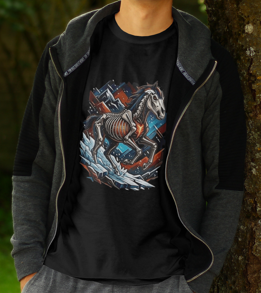 Denver Broncos Runs In My Blood Skeleton Horse And Mountains T-Shirt