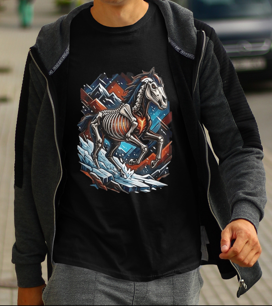 Denver Broncos Runs In My Blood Skeleton Horse And Mountains T-Shirt