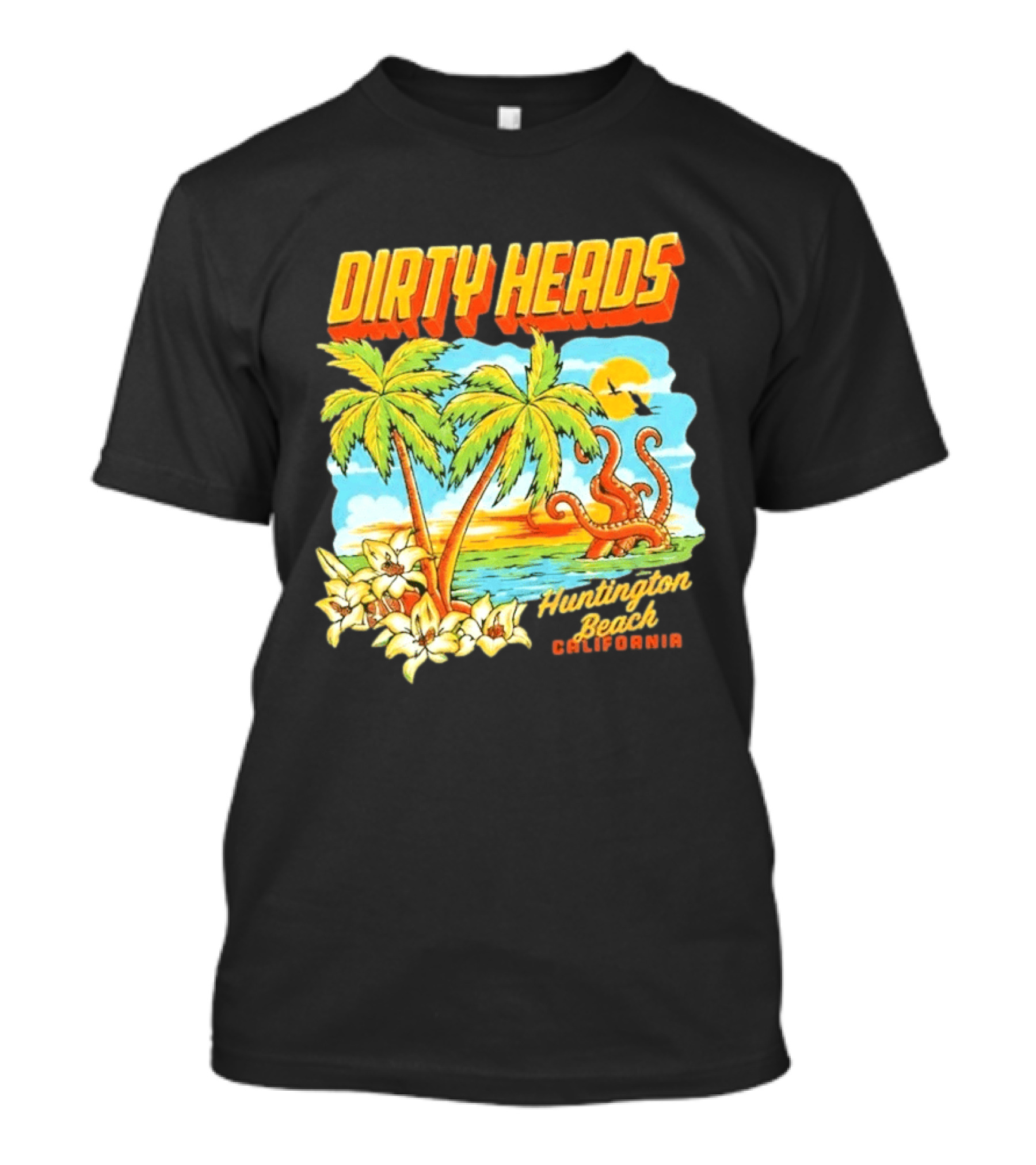 Dirty Heads Tropical Beach Palm Trees Ocean Sunset Octopus Huntington Beach California T-Shirt