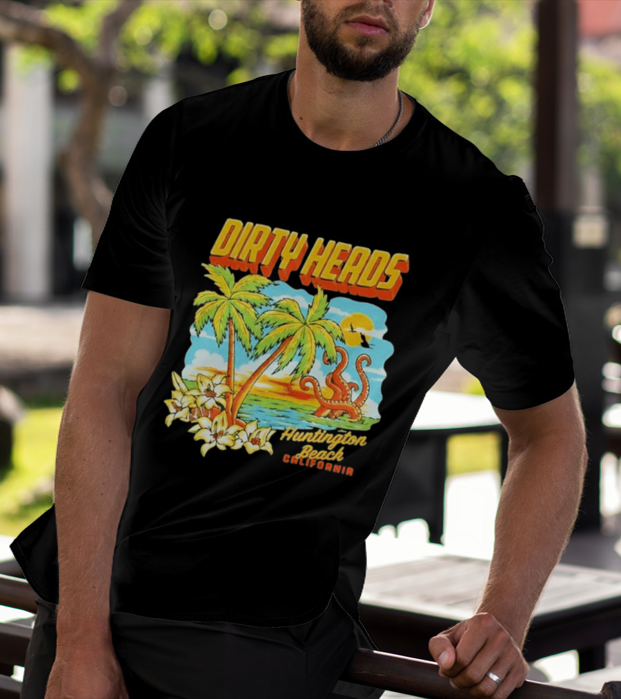 Dirty Heads Tropical Beach Palm Trees Ocean Sunset Octopus Huntington Beach California T-Shirt