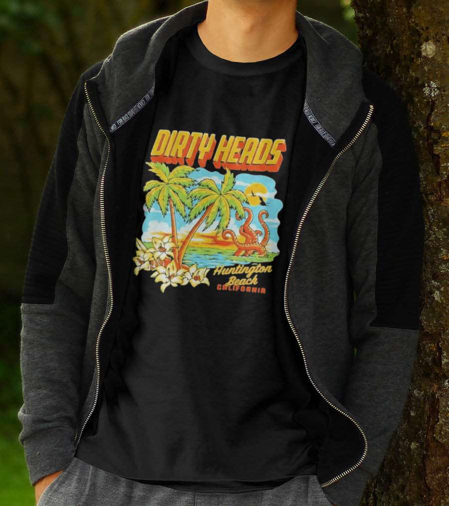 Dirty Heads Tropical Beach Palm Trees Ocean Sunset Octopus Huntington Beach California T-Shirt