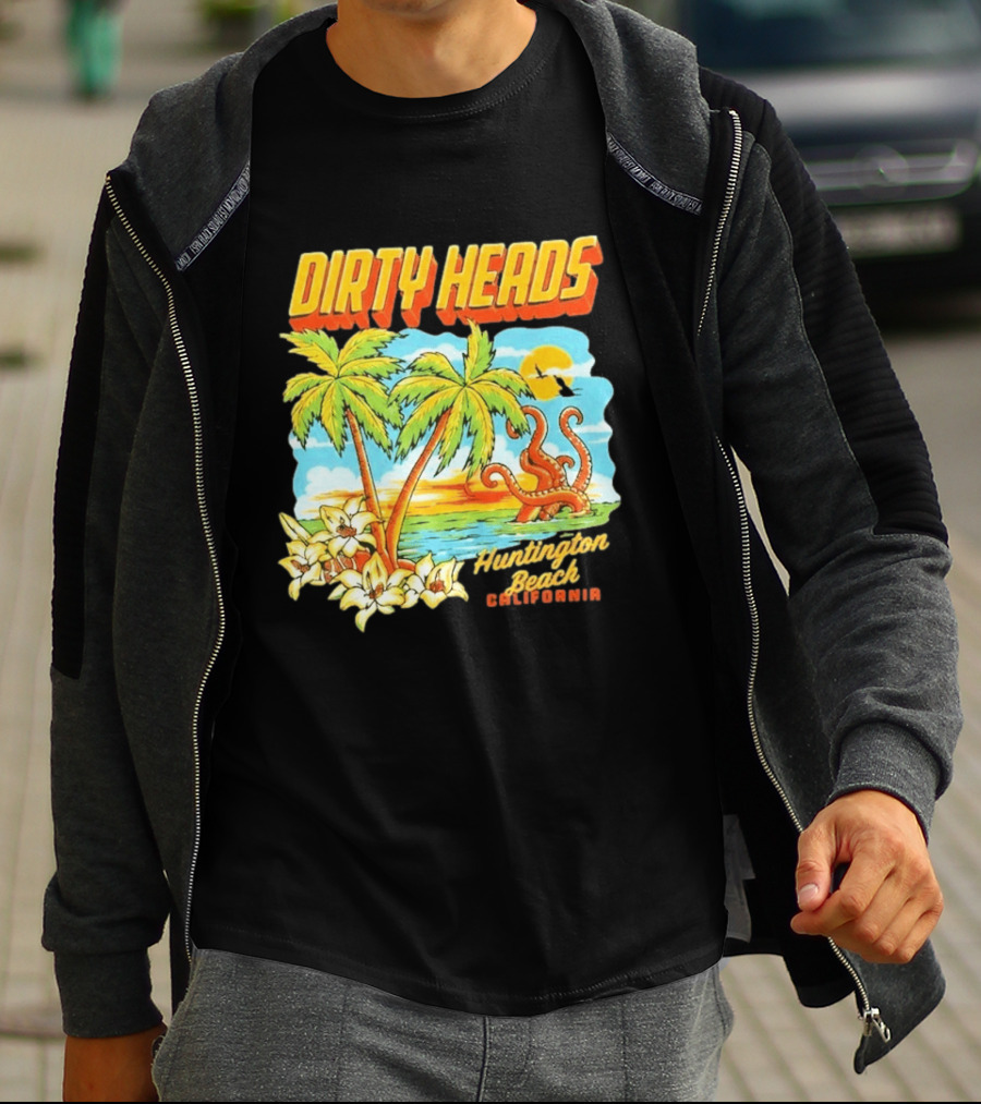 Dirty Heads Tropical Beach Palm Trees Ocean Sunset Octopus Huntington Beach California T-Shirt