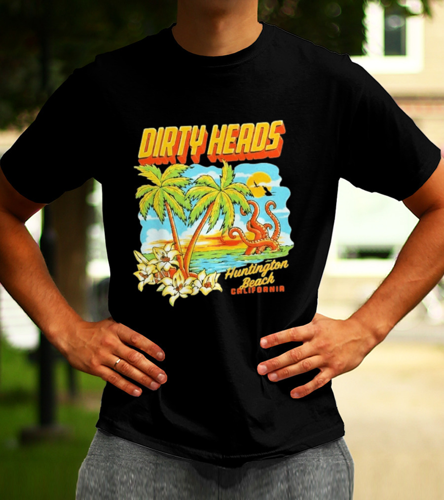 Dirty Heads Tropical Beach Palm Trees Ocean Sunset Octopus Huntington Beach California T-Shirt