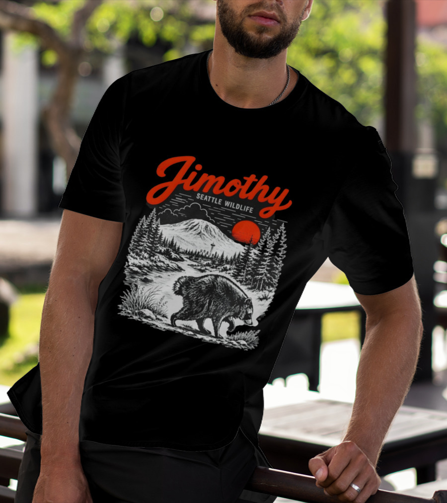 Jimothy Seattle Wildlife Raccoon With Mountain And Space Needle T-Shirt