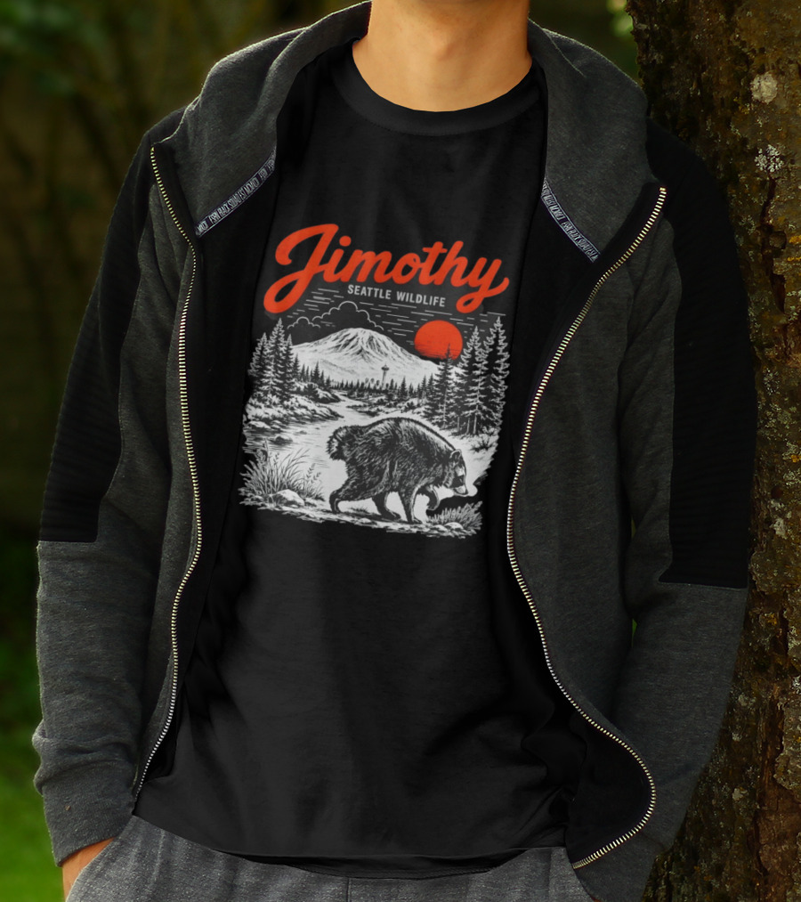 Jimothy Seattle Wildlife Raccoon With Mountain And Space Needle T-Shirt