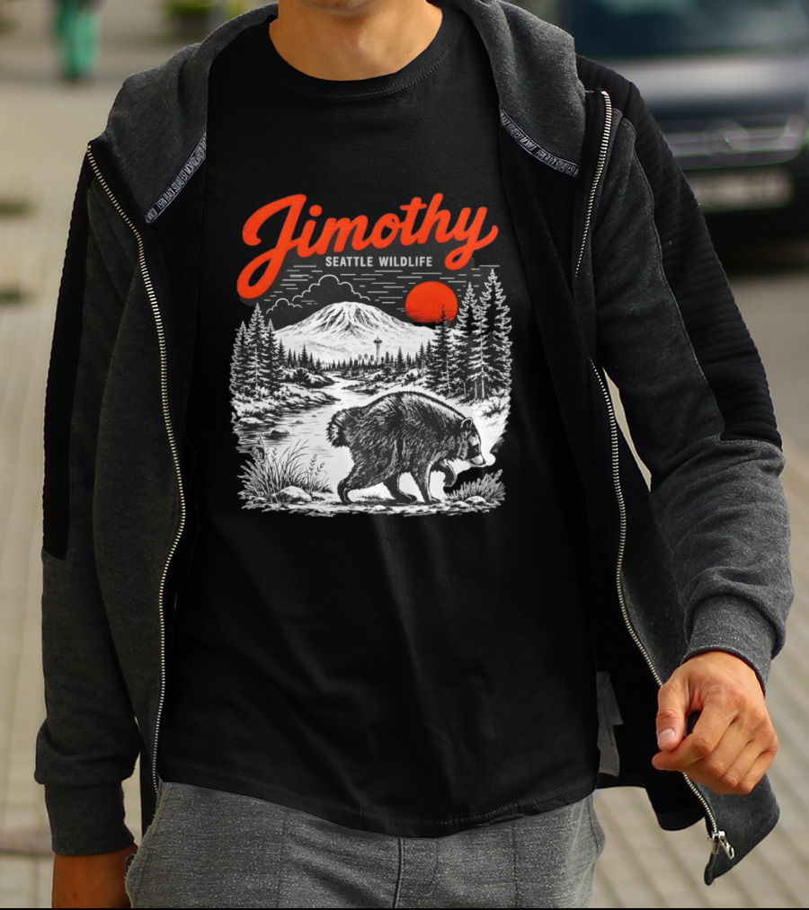 Jimothy Seattle Wildlife Raccoon With Mountain And Space Needle T-Shirt