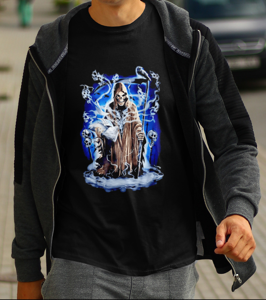 Sooner Than You Think Grim Reaper Skull And Scythe In Blue Mist T-Shirt