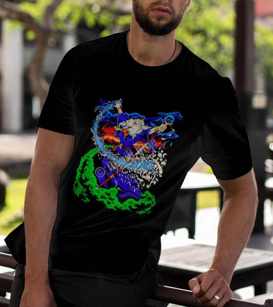 Wizard Casting Magic Conjuring Galaxies Fantasy Aurora Sky T-Shirt