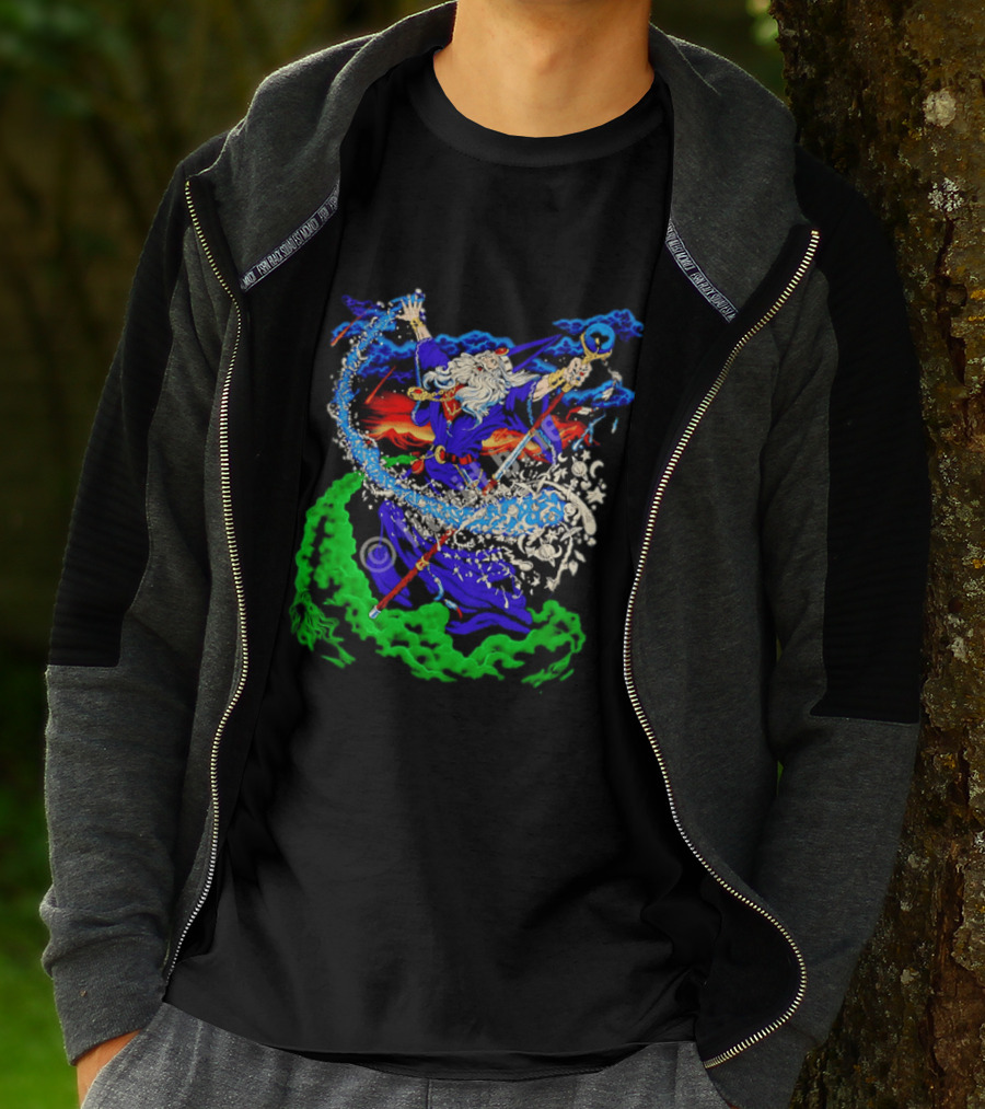 Wizard Casting Magic Conjuring Galaxies Fantasy Aurora Sky T-Shirt