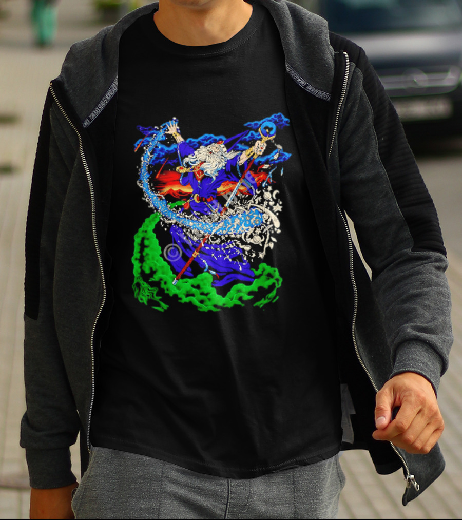 Wizard Casting Magic Conjuring Galaxies Fantasy Aurora Sky T-Shirt