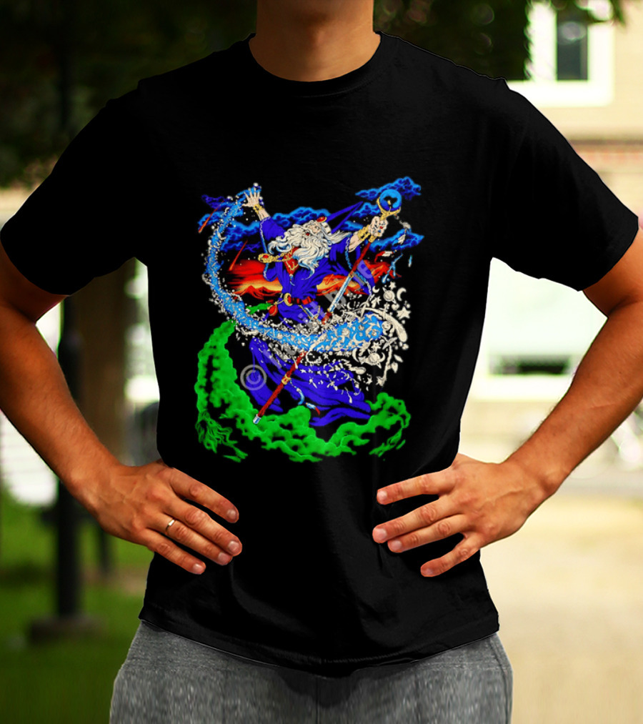 Wizard Casting Magic Conjuring Galaxies Fantasy Aurora Sky T-Shirt