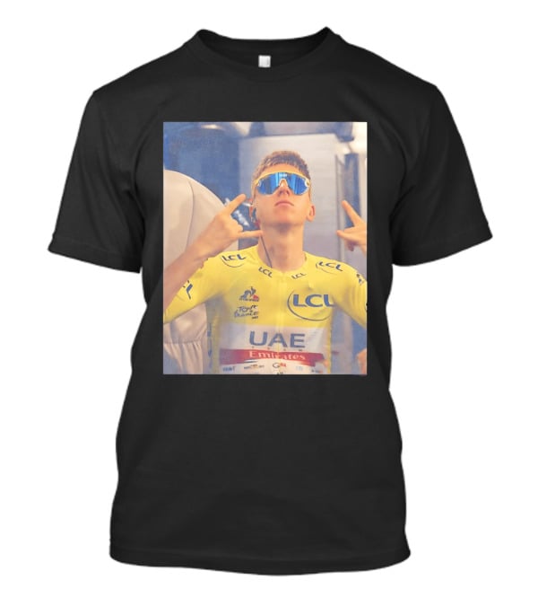 Tadej Pogačar In UAE Emirates Tour De France LCL Yellow Jersey With Sunglasses T-Shirt