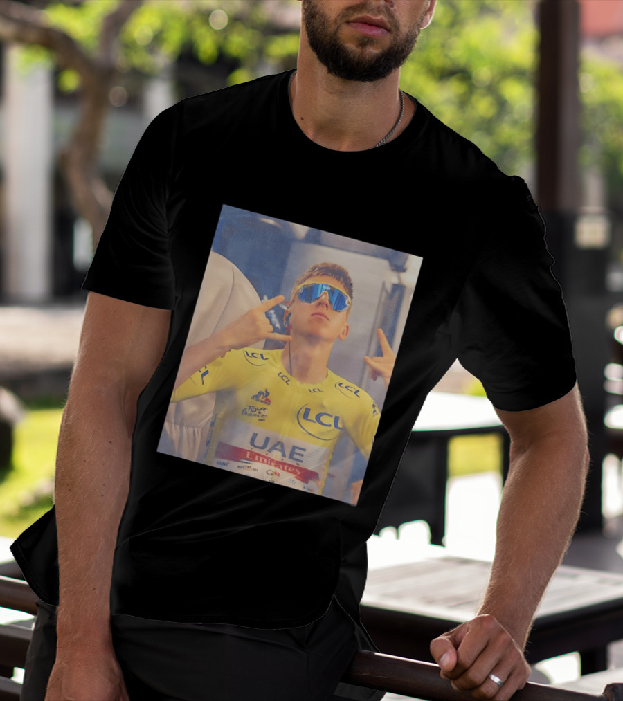 Tadej Pogačar In UAE Emirates Tour De France LCL Yellow Jersey With Sunglasses T-Shirt