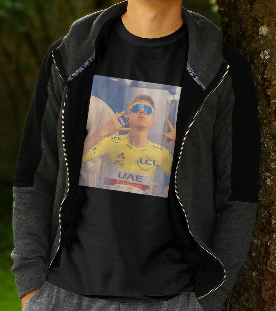 Tadej Pogačar In UAE Emirates Tour De France LCL Yellow Jersey With Sunglasses T-Shirt