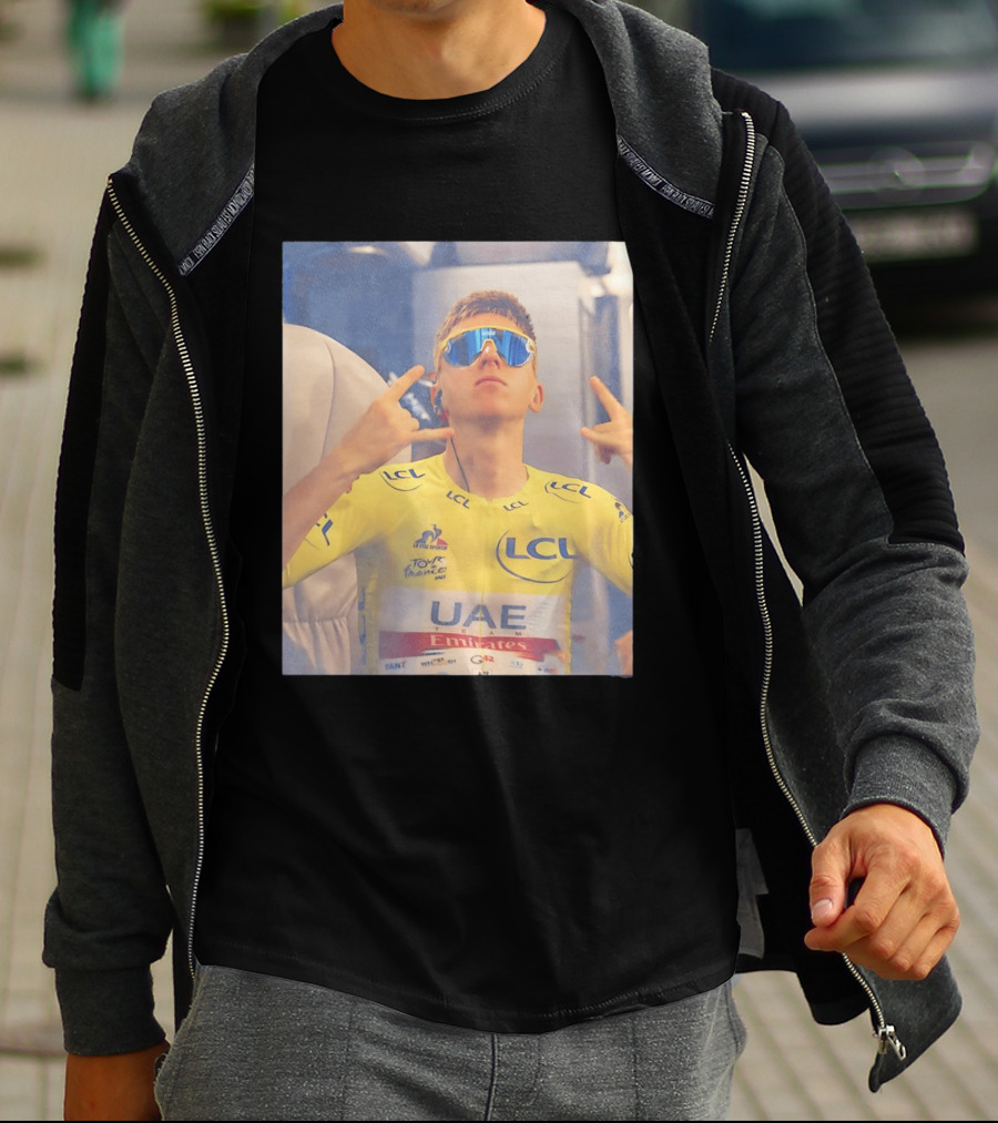 Tadej Pogačar In UAE Emirates Tour De France LCL Yellow Jersey With Sunglasses T-Shirt