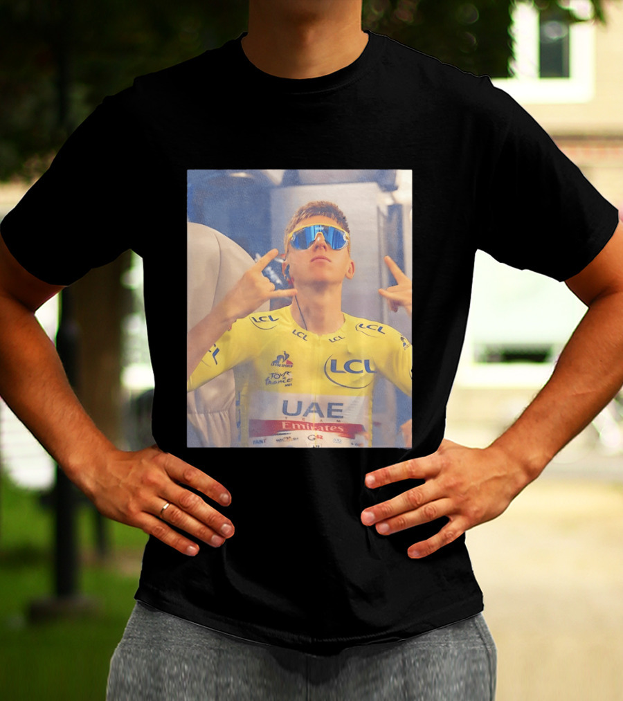 Tadej Pogačar In UAE Emirates Tour De France LCL Yellow Jersey With Sunglasses T-Shirt