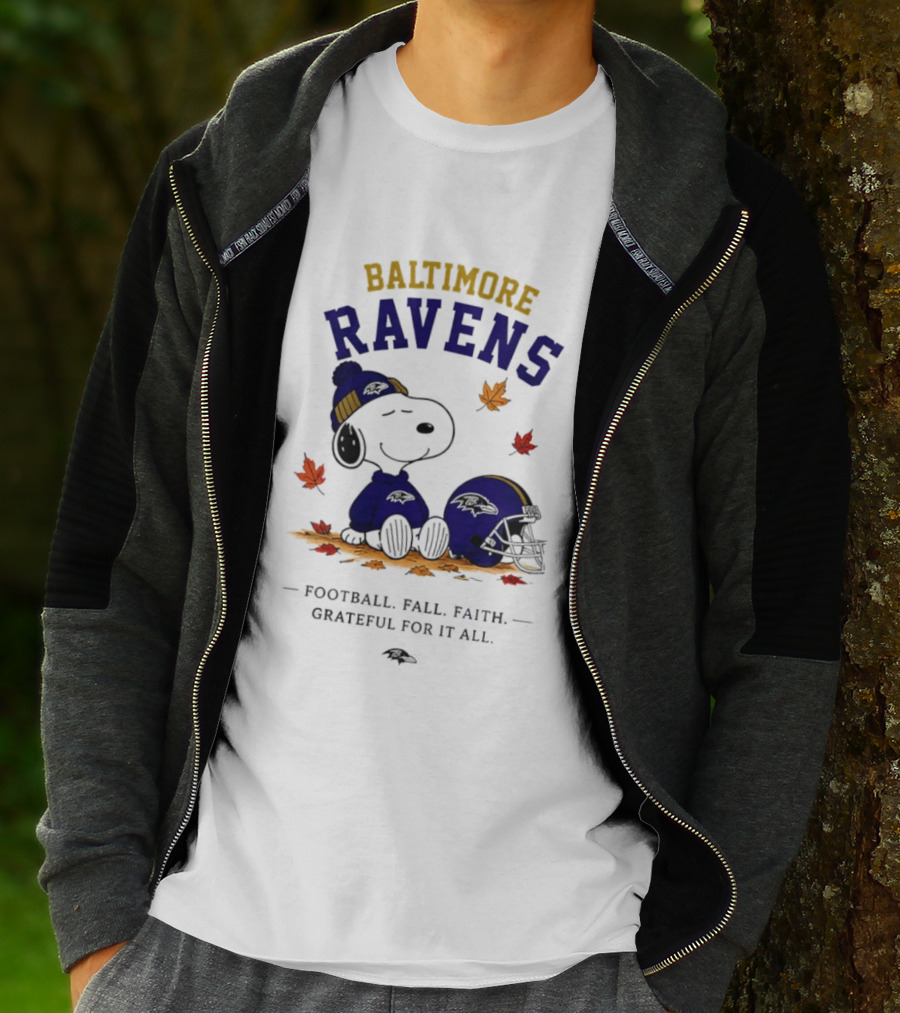 Baltimore Ravens Snoopy Football Fall Faith Grateful For It All T-Shirt