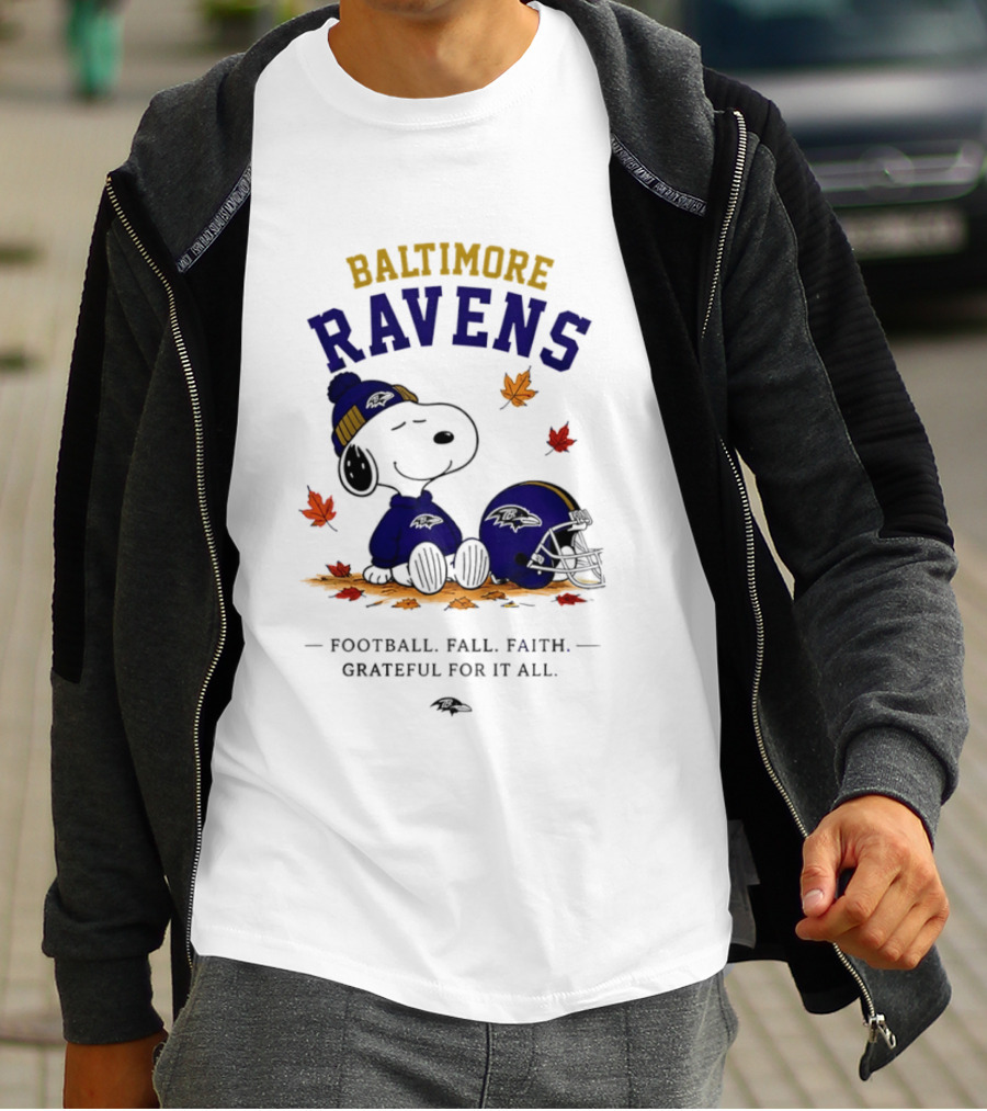 Baltimore Ravens Snoopy Football Fall Faith Grateful For It All T-Shirt