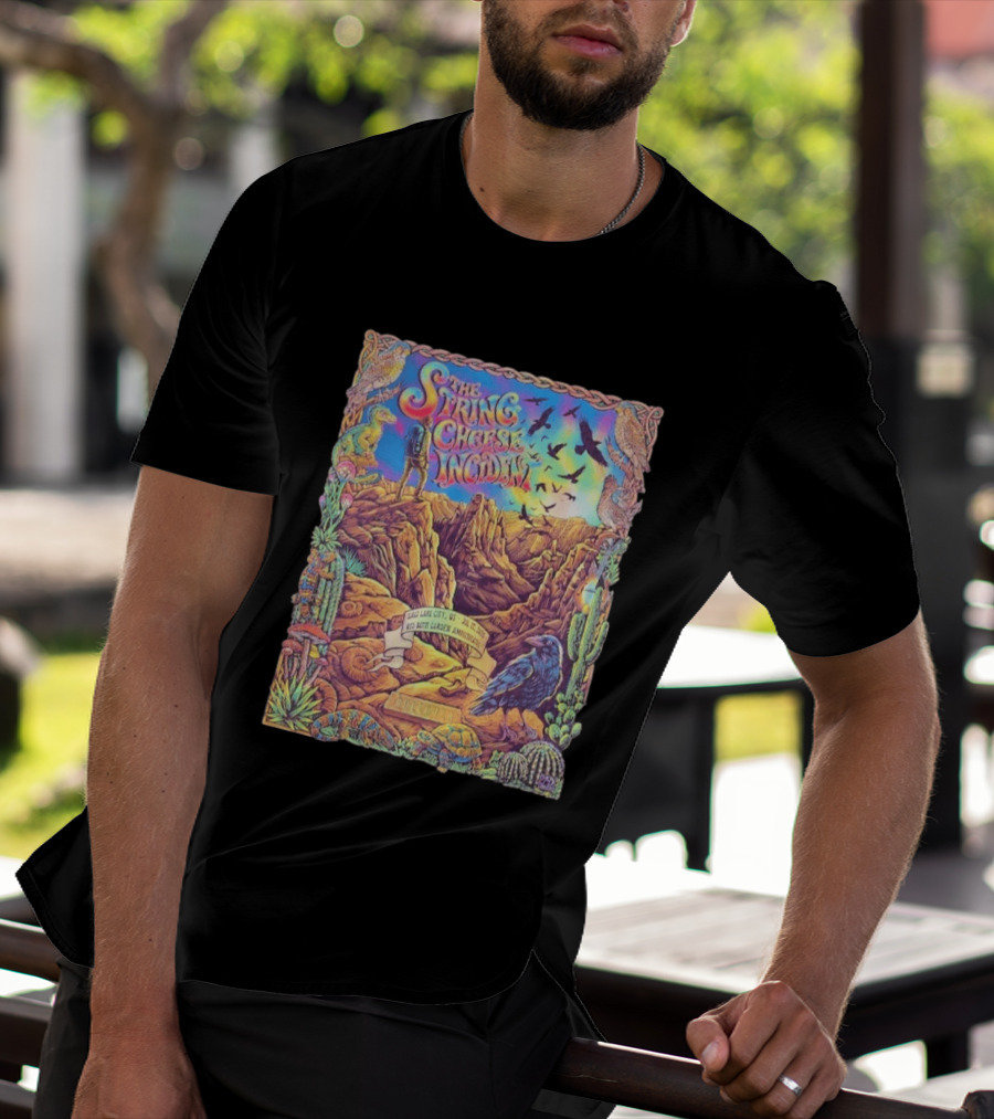 The String Cheese Incident Salt Lake City Utah Red Butte Garden Amphitheatre July 22 2026 Psychedelic Desert Scene With Wildlife And Cactus T-Shirt