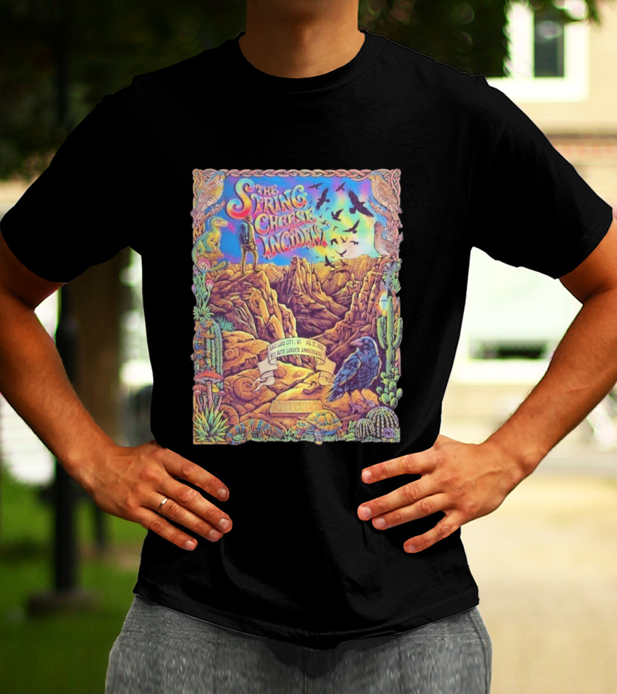 The String Cheese Incident Salt Lake City Utah Red Butte Garden Amphitheatre July 22 2026 Psychedelic Desert Scene With Wildlife And Cactus T-Shirt