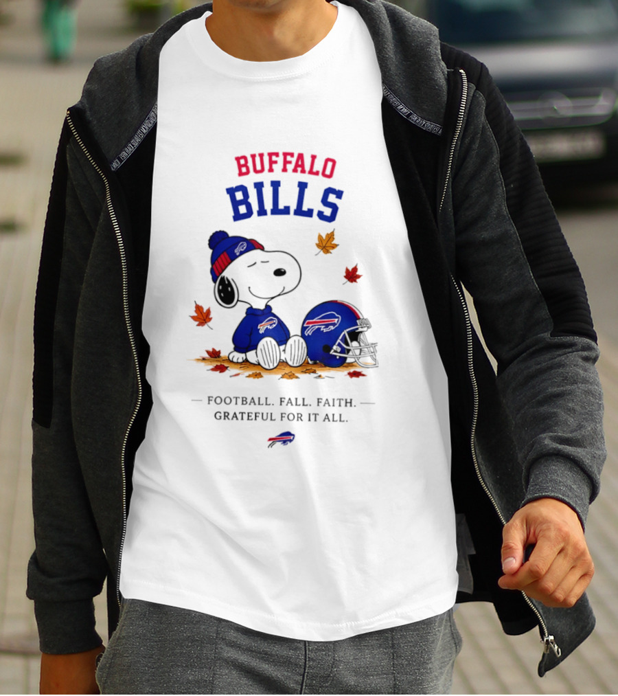 Buffalo Bills Snoopy Football Fall Faith Grateful For It All Leaves T-Shirt