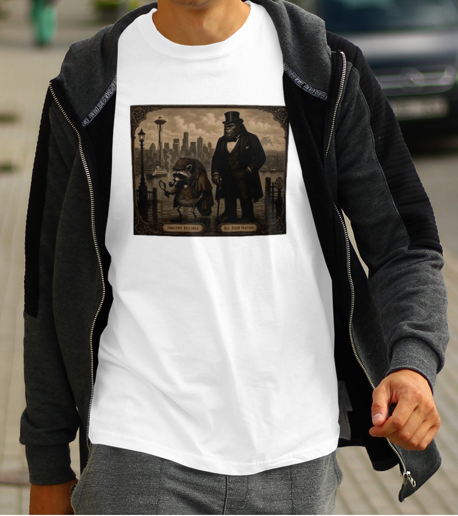 Jimothy Holmes Bigfoot Watson In Vintage Detective Scene Seattle Skyline T-Shirt