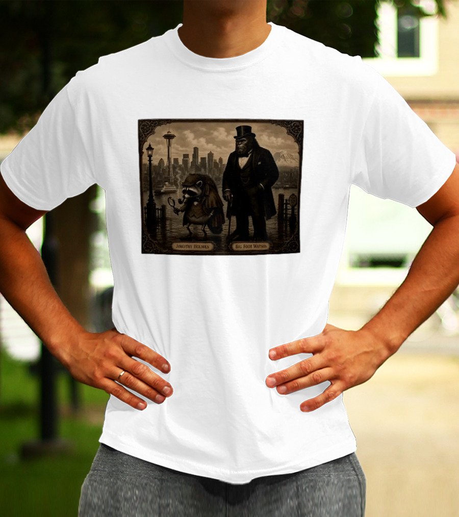Jimothy Holmes Bigfoot Watson In Vintage Detective Scene Seattle Skyline T-Shirt
