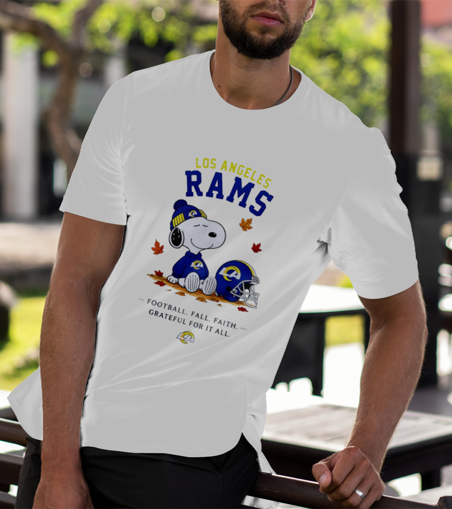 Los Angeles Rams Snoopy Football Fall Faith Grateful For It All NFL Peanuts Fan Gear T-Shirt