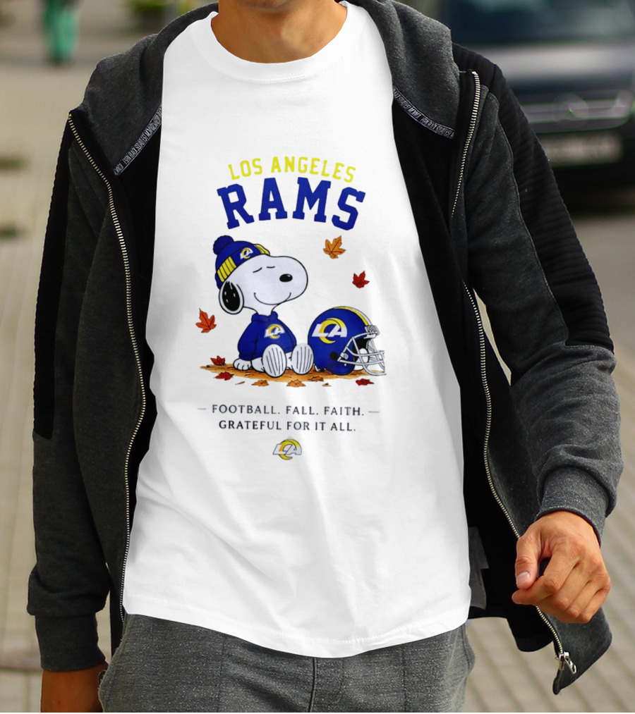 Los Angeles Rams Snoopy Football Fall Faith Grateful For It All NFL Peanuts Fan Gear T-Shirt