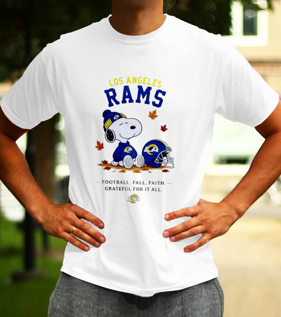 Los Angeles Rams Snoopy Football Fall Faith Grateful For It All NFL Peanuts Fan Gear T-Shirt