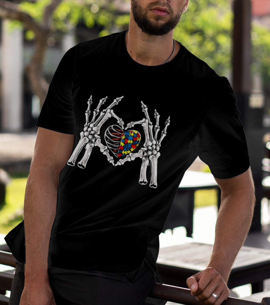 Autism Awareness Gothic Skull Hand Heart Puzzle Halloween 2026 T-Shirt