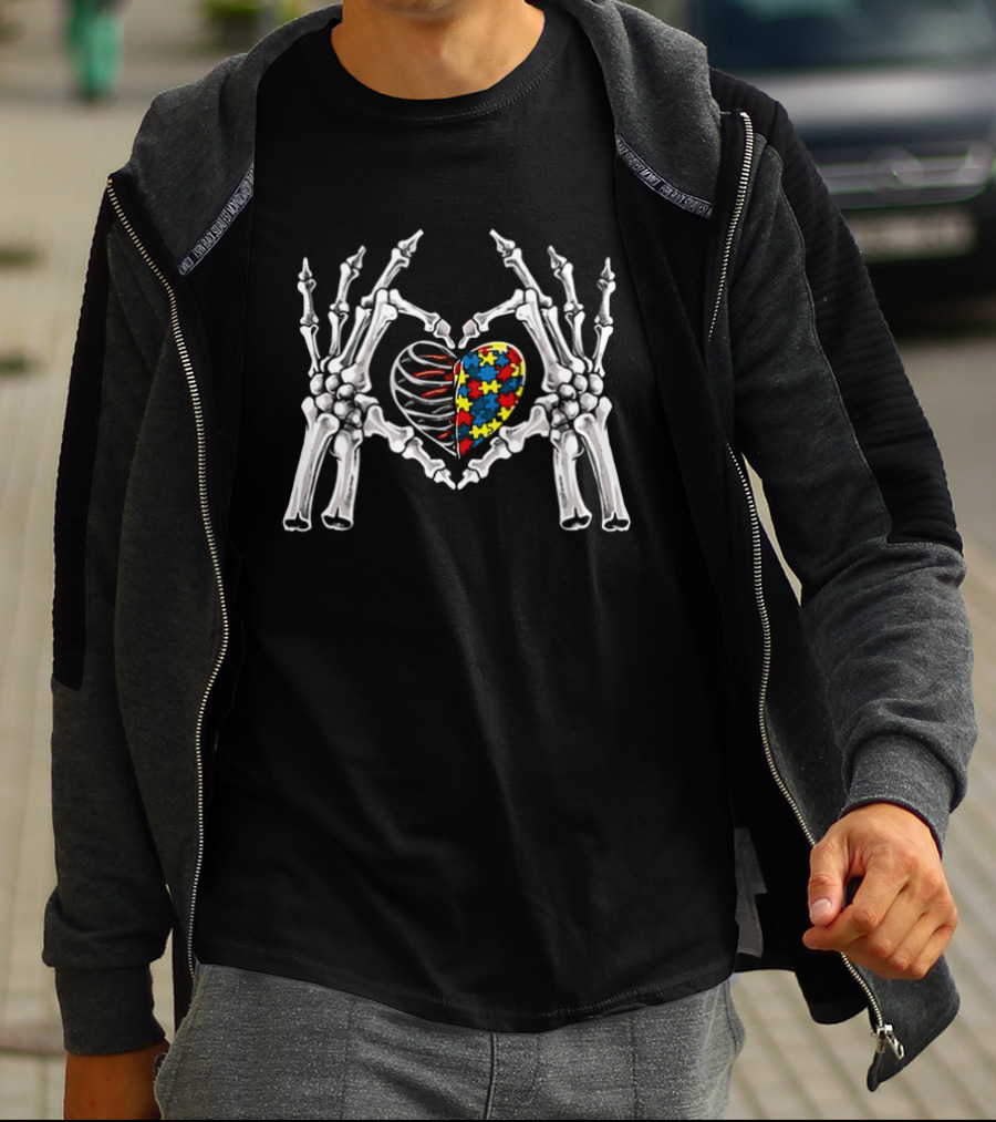 Autism Awareness Gothic Skull Hand Heart Puzzle Halloween 2026 T-Shirt