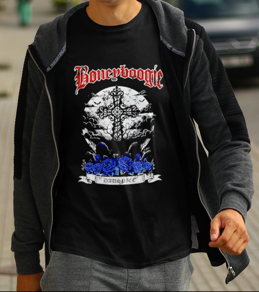 Boneyboogie Gothic Cross With Blue Roses And Full Moon T-Shirt