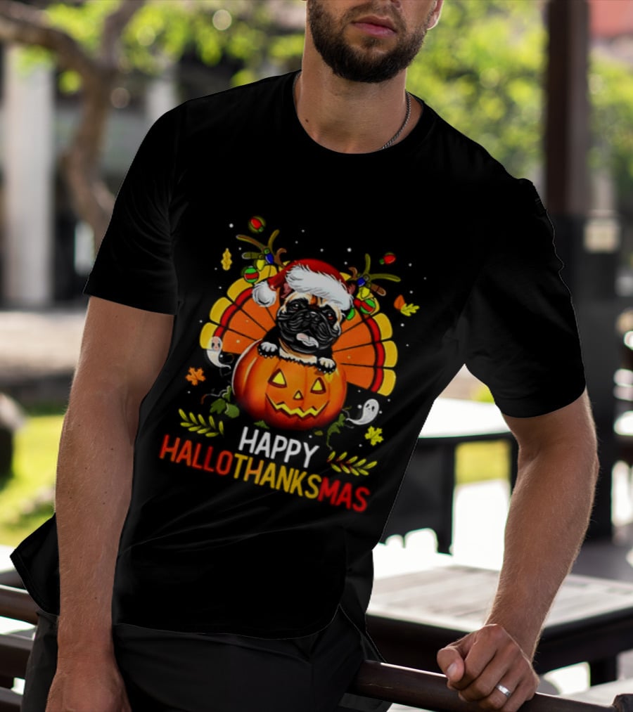 Happy Hallothanksmas Bulldog With Santa Hat Pumpkin And Turkey Feathers 2026 T-Shirt