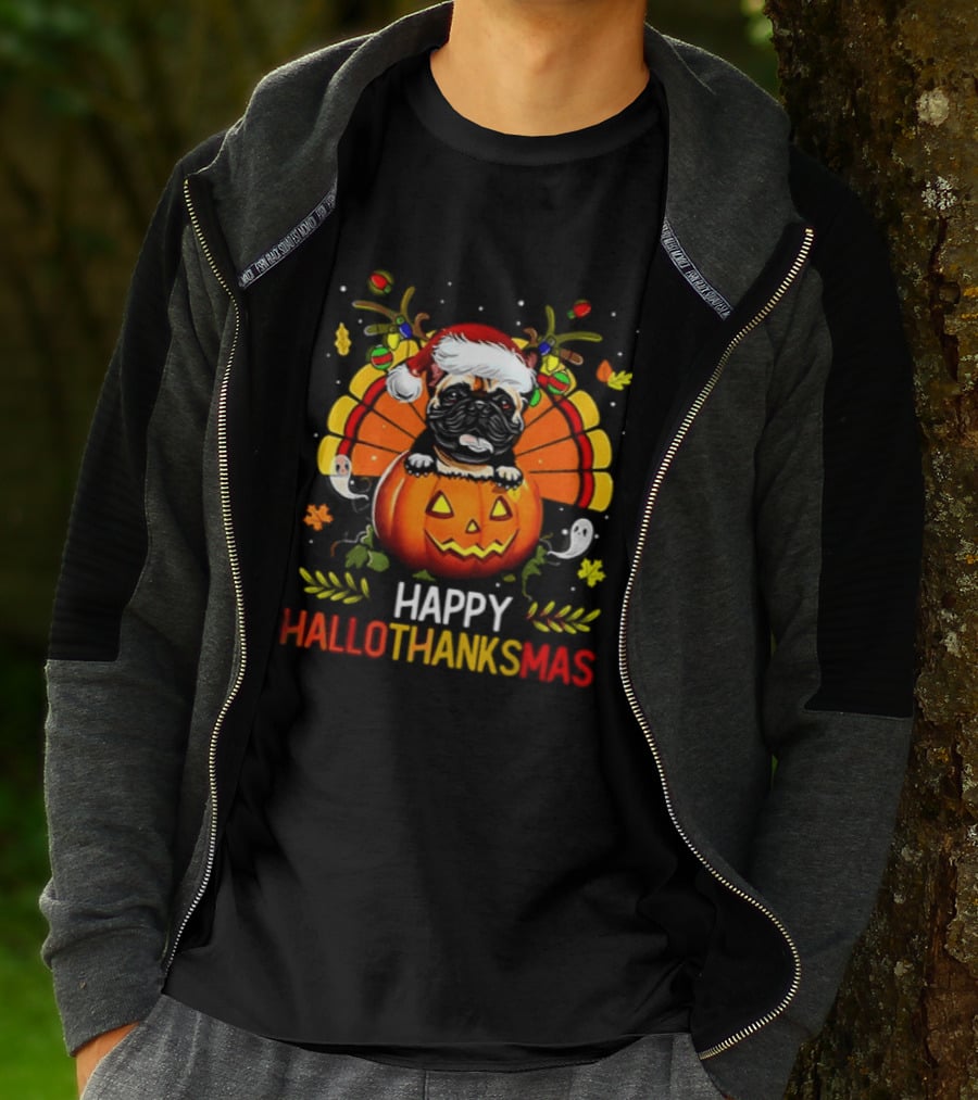 Happy Hallothanksmas Bulldog With Santa Hat Pumpkin And Turkey Feathers 2026 T-Shirt