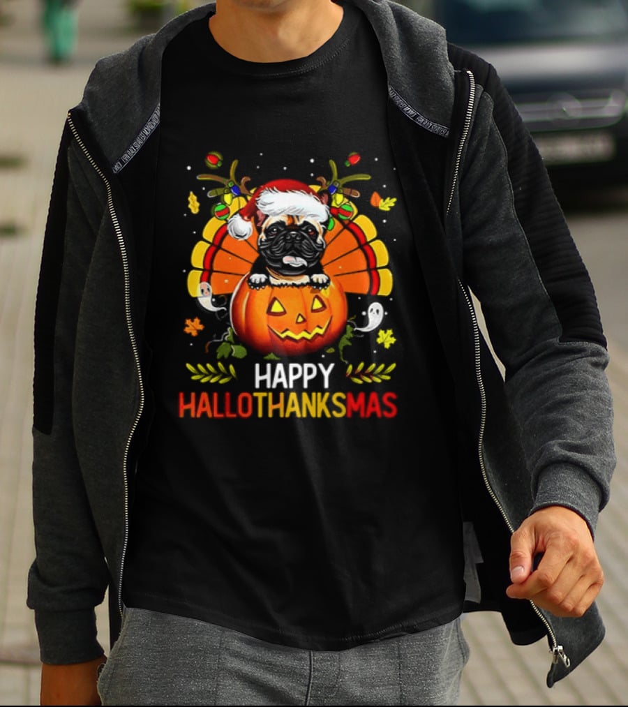 Happy Hallothanksmas Bulldog With Santa Hat Pumpkin And Turkey Feathers 2026 T-Shirt