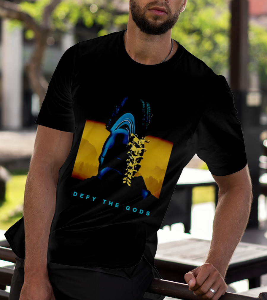 Defy The Gods Spartan Warrior Helmet Art Blue And Gold T-Shirt