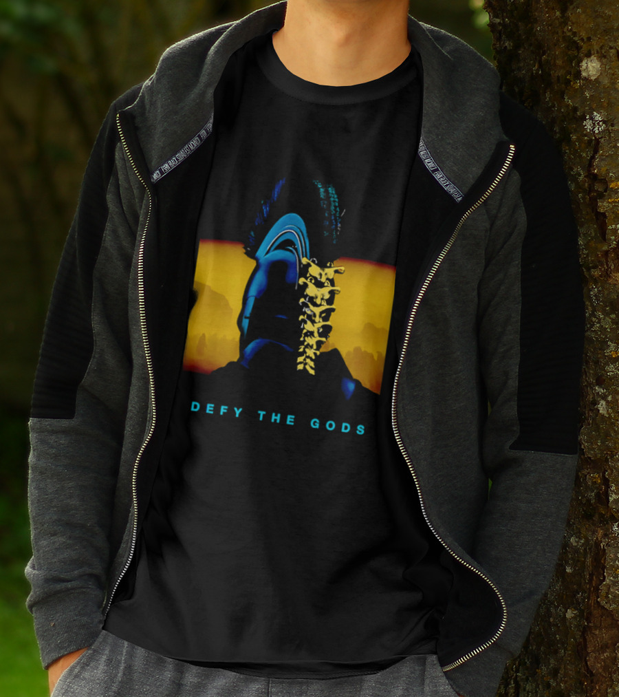 Defy The Gods Spartan Warrior Helmet Art Blue And Gold T-Shirt