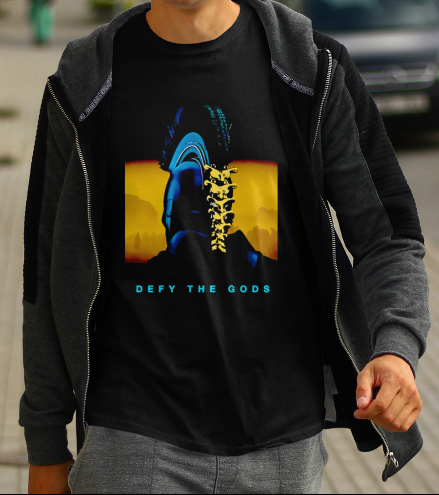 Defy The Gods Spartan Warrior Helmet Art Blue And Gold T-Shirt