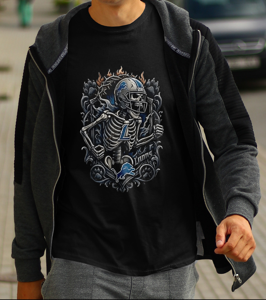 Detroit Lions Football Skeleton With Flames T-Shirt