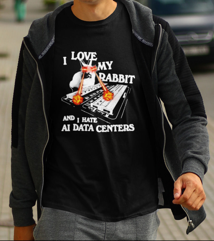 I Love My Rabbit Laser Eyes Explosion Hate AI Data Centers T-Shirt