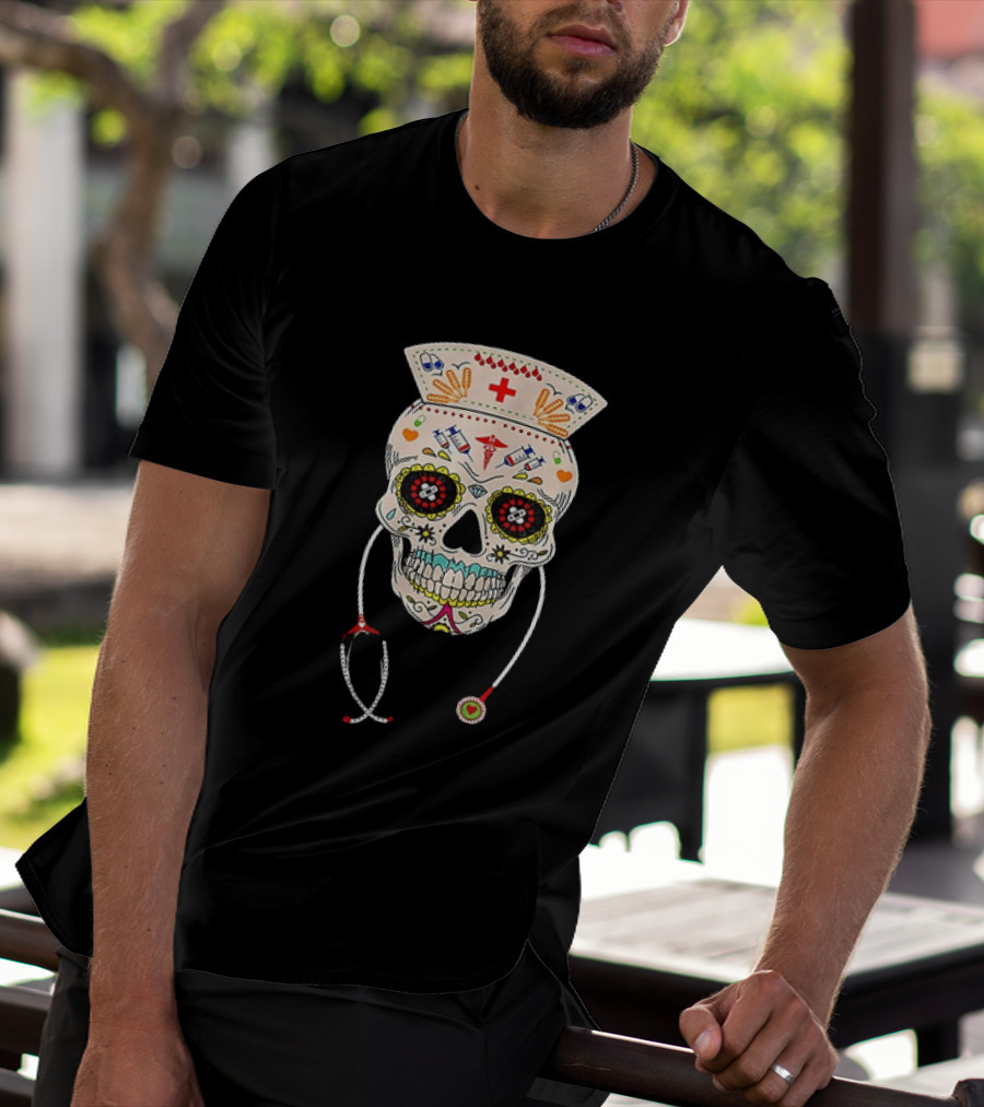 Nurse Sugar Skull Halloween Day Of The Dead Dia De Los Muertos T-Shirt