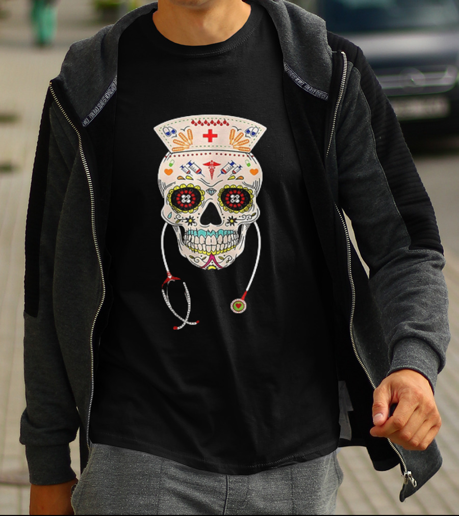 Nurse Sugar Skull Halloween Day Of The Dead Dia De Los Muertos T-Shirt