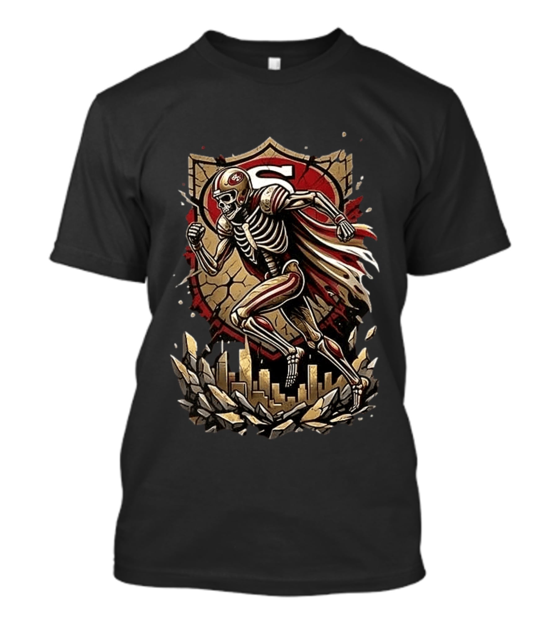 San Francisco 49ers Skeleton Runs In My Blood Football Skyline Shield T-Shirt