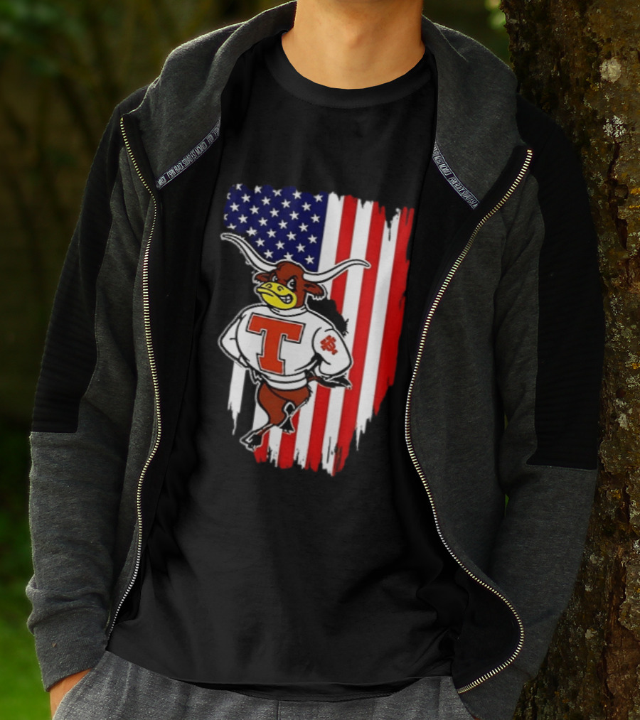 Texas Longhorns Mascot Over USA Flag T-Shirt