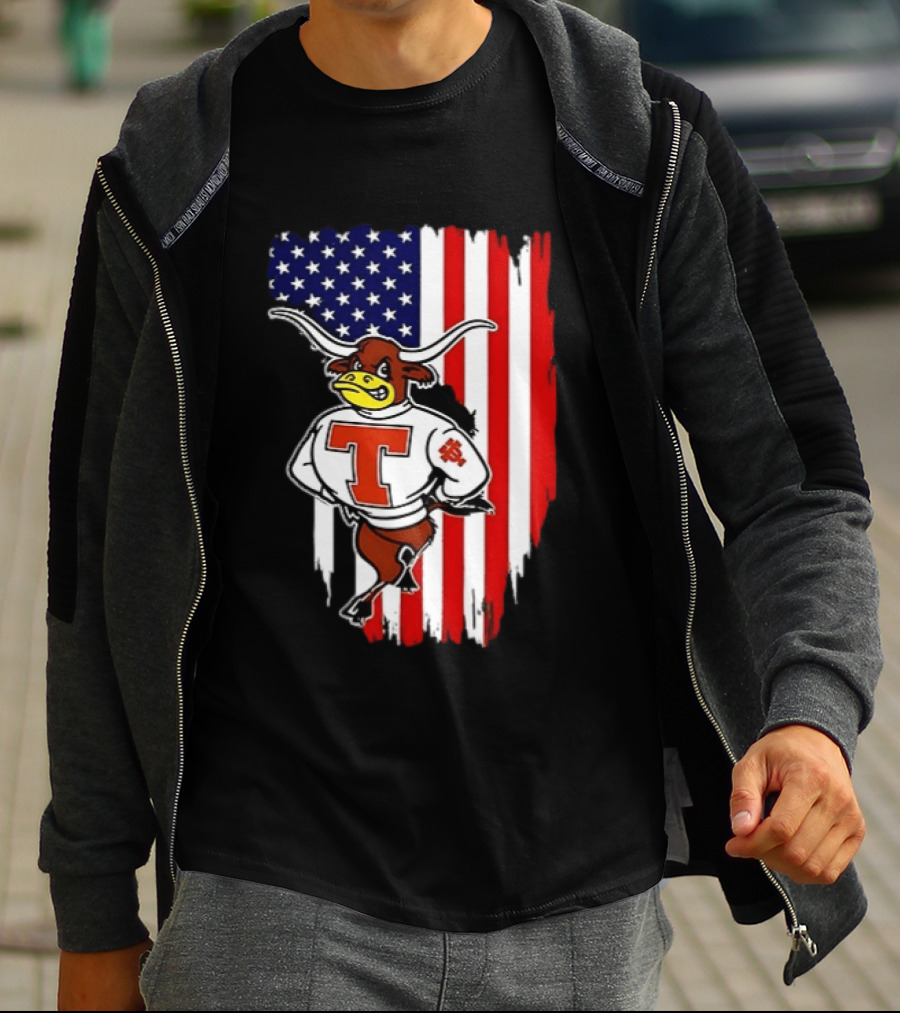 Texas Longhorns Mascot Over USA Flag T-Shirt